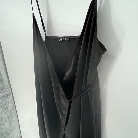 Zara Slip Wrap Dress Size Medium Black Satin - Picture 6 of 7